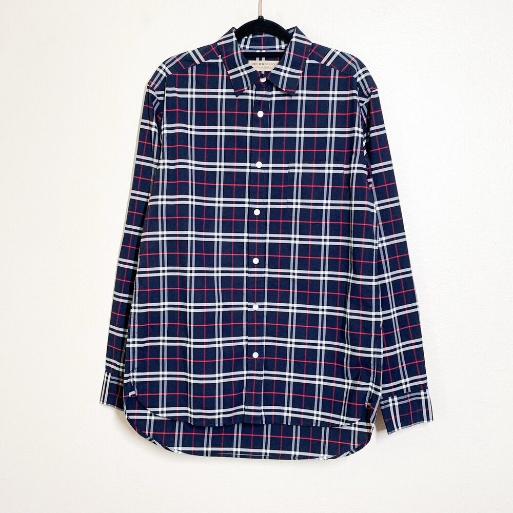 Burberry Navy Check Plaid Button Down Shirt Men's M Poplin Cotton Long Sleeve